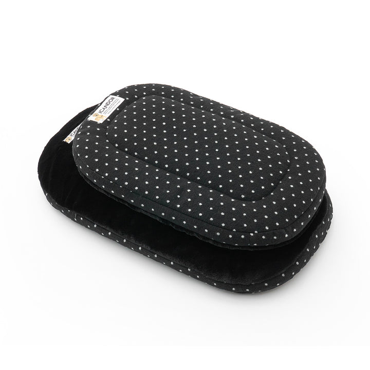 iCANDOR Urban Nest Cushion in Polka Dot: two cushions stacked, showing the polka-dot and black eco-fur sides