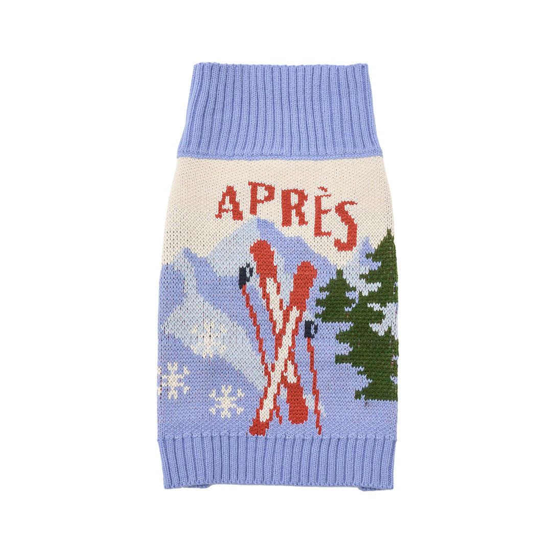 iCANDOR Aspen Woolies Apres dog knit sweater with ski and tree motif, front view
