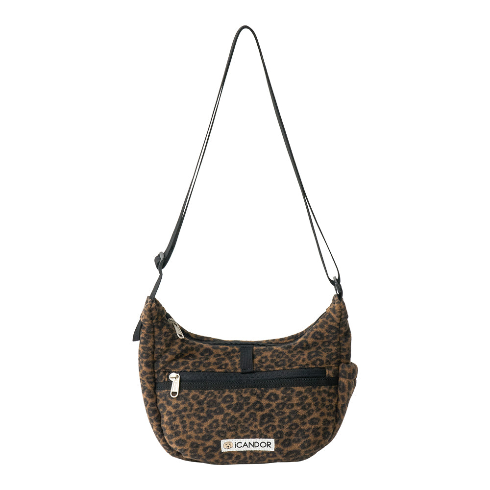 iCANDOR Crescent Bag in Leopard: front view with shoulder strap