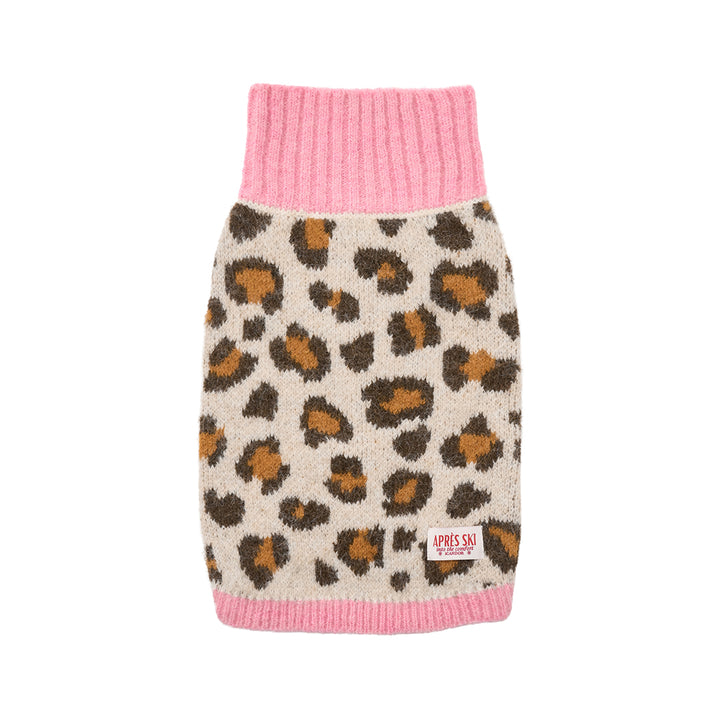 iCANDOR Aspen Woolies Leopard dog knit sweater with pink ribbed trim, front view