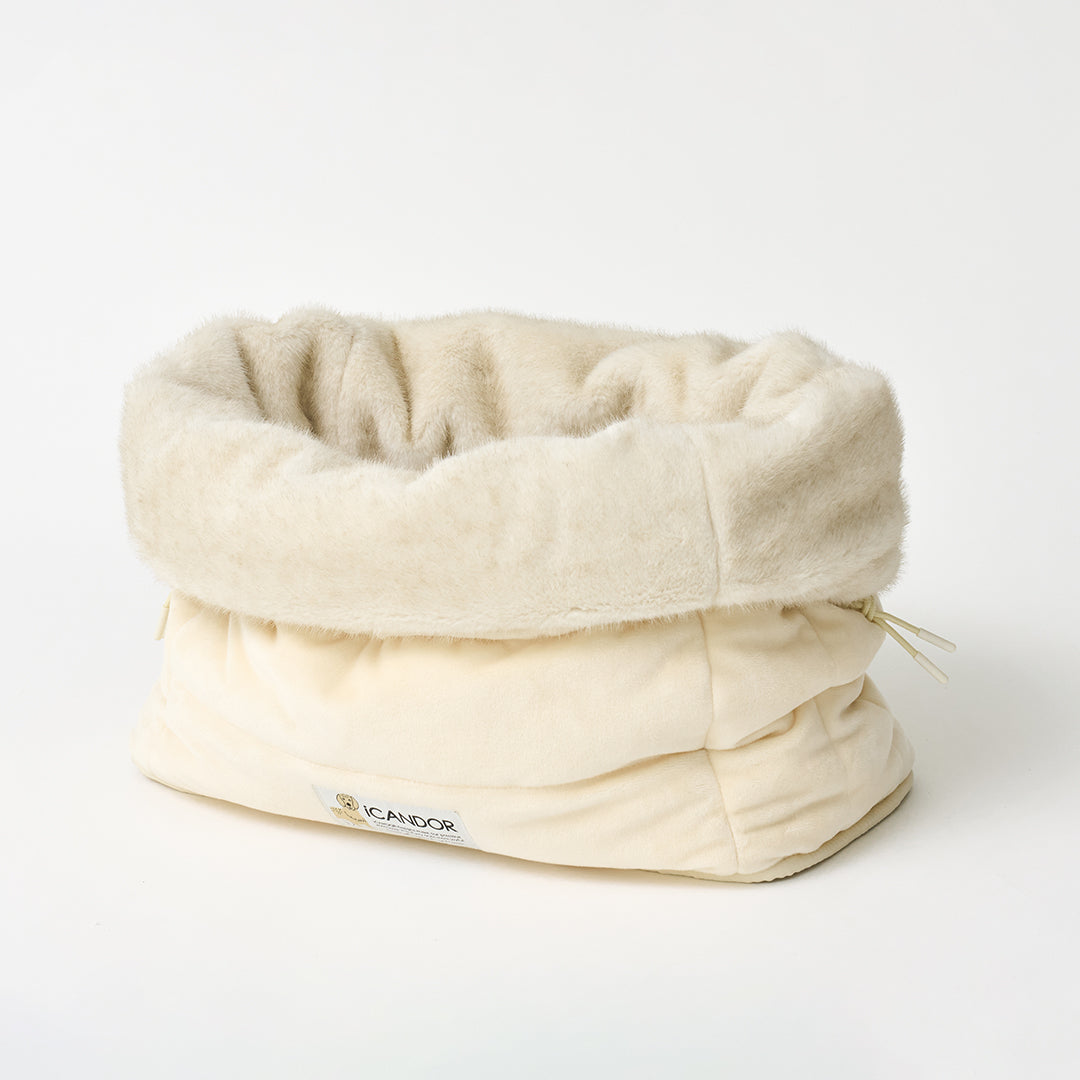 Snuggle Nest: eco-fur lining folded down over the velboa shell, three-quarter view