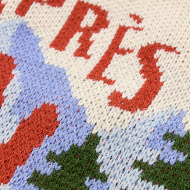 Aspen Woolies Apres knit lettering detail close-up