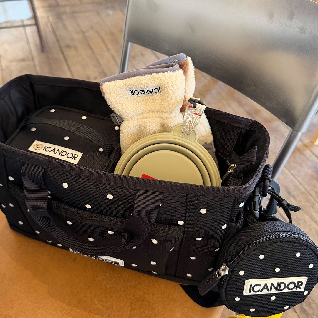 Urban Stroll Bag in Polka Dot: packed with a travel bowl and gloves, Polka Dot Dingle Dangle Bag clipped on